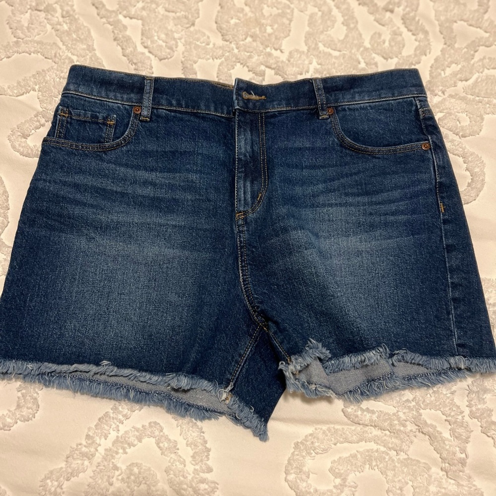 LOFT Blue Jean Shorts with Frayed Hem and Mid-Rise Fit